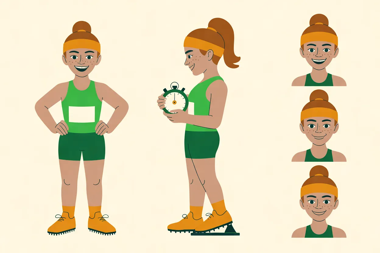 The Sprinter character sheet on a warm cream background: front view with hands on hips, side view holding a stopwatch, and three head-and-shoulders expressions, from a wide grin to a calm smile