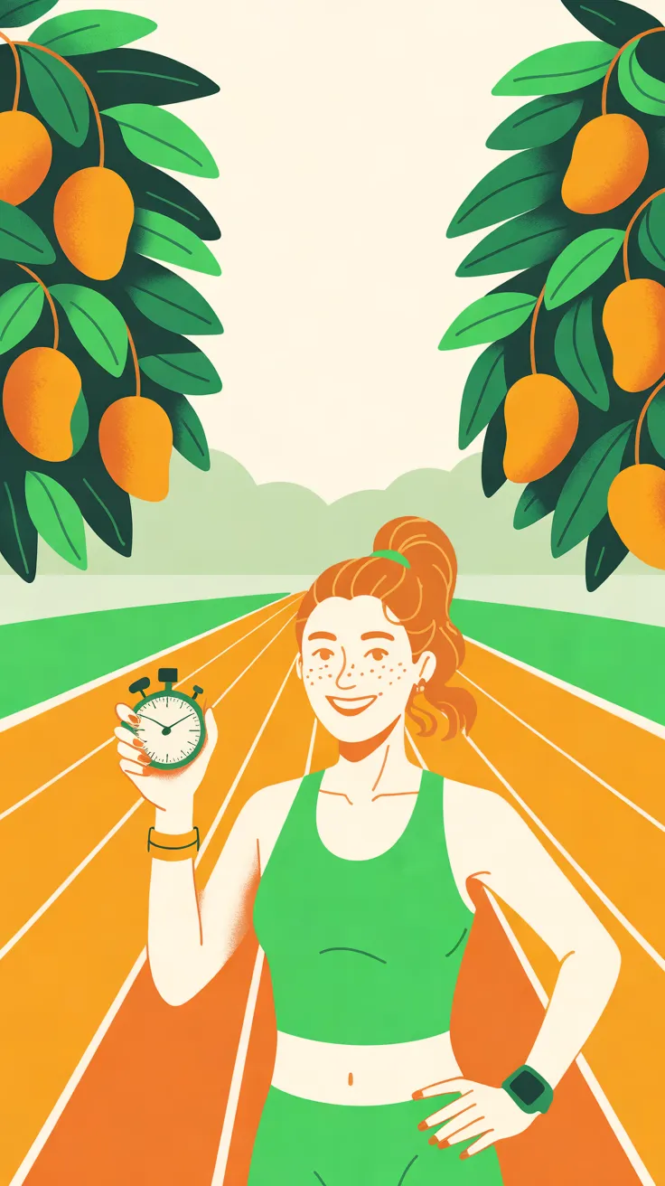 The Sprinter standing on an orange running track between mango trees, smiling and holding up a stopwatch